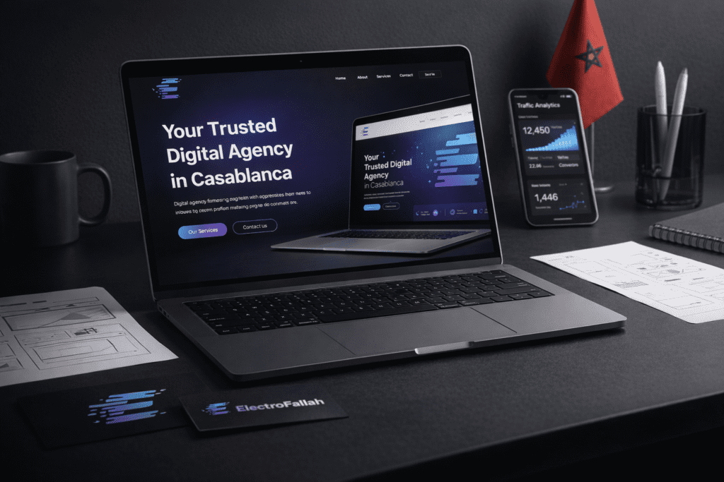 Modern web design and professional branding workspace for a digital agency in Morocco