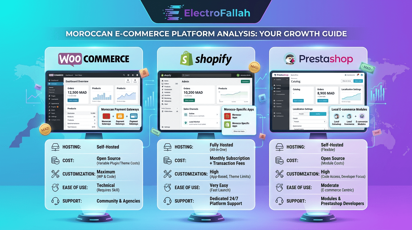 Création site e-commerce Maroc - comparatif WooCommerce Shopify Prestashop